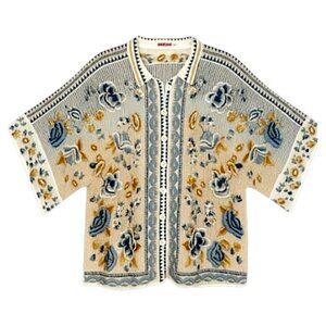 Johnny Was Embroidered Floral Minerva Blouse Blue Cream Boho XS